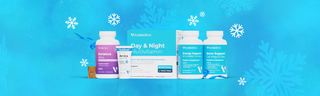 A selection of wellness gummies, topicals, and supplements set against a bright blue background with white snowflakes.