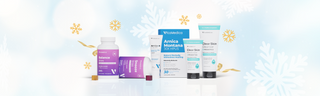 VitaMedica Gummies, Arnica Montana Products, and Clear Skin natural skincare products as Christmas stocking stuffers. Shown with red and white stockings, against a blue and white winter backdrop with gold snowflakes.