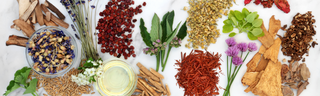 A colorful assortment of herbs to increase immunity on a marble counter top, harvested to make immune-boosting herbal remedies.