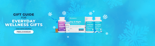 A selection of wellness gummies, topicals, and supplements set against a bright blue background with white snowflakes. 