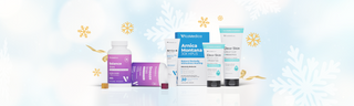 VitaMedica Gummies, Arnica Montana Products, and Clear Skin natural skincare products as Christmas stocking stuffers. Shown with red and white stockings, against a blue and white winter backdrop with gold snowflakes.  