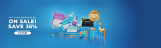 Featured VitaMedica holiday wellness gifts shown with blue and gold gift boxes and a gold reindeer, set against a blue background. The image reads: "Gift guide products all on sale! Save 35% with coupon code GIFTS35."