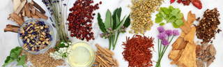 A colorful assortment of herbal ingredients on a marble counter top, harvested to make immune-boosting herbal remedies. 