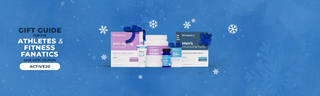 Wellness products topped with gift ribbons, against a blue background with white snowflakes.  